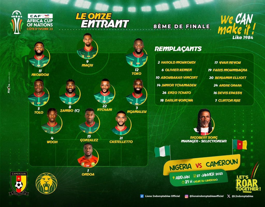 AFCON 2023: Onana on the bench, line-ups for Nigeria - Cameroon (Official)