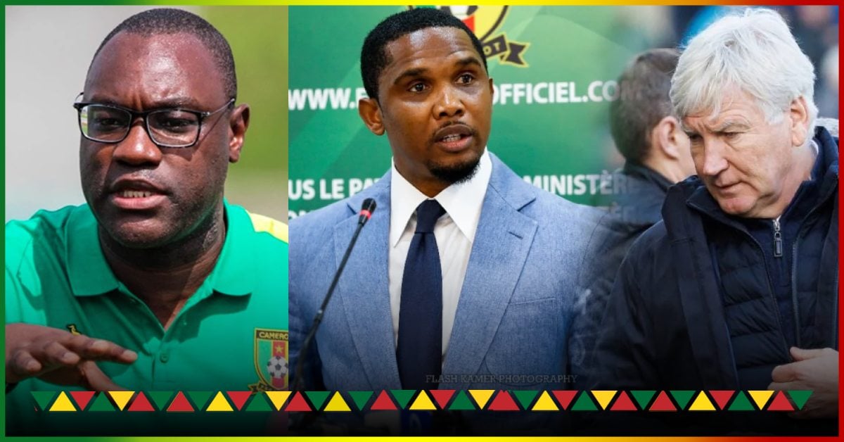 Patrick Mboma reacts to the altercation between Samuel Eto’o and Marc Brys