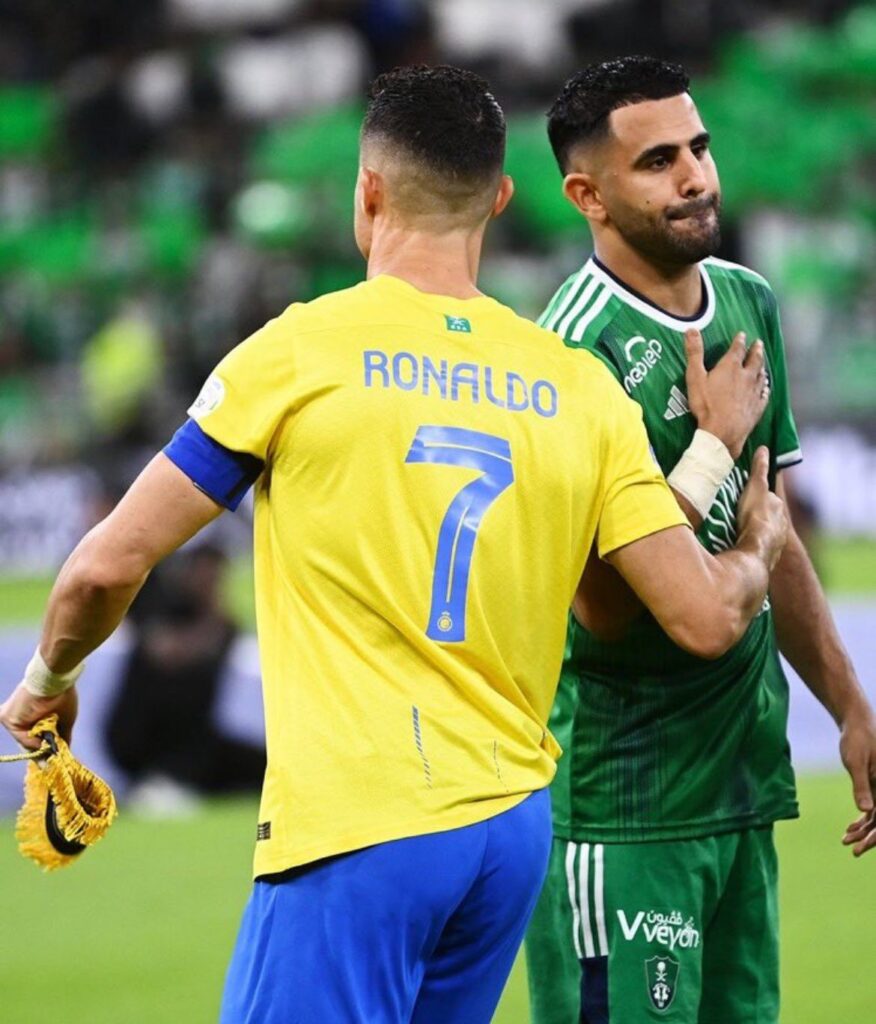 Riyad Mahrez in a tussle with Cristiano Ronaldo over this!