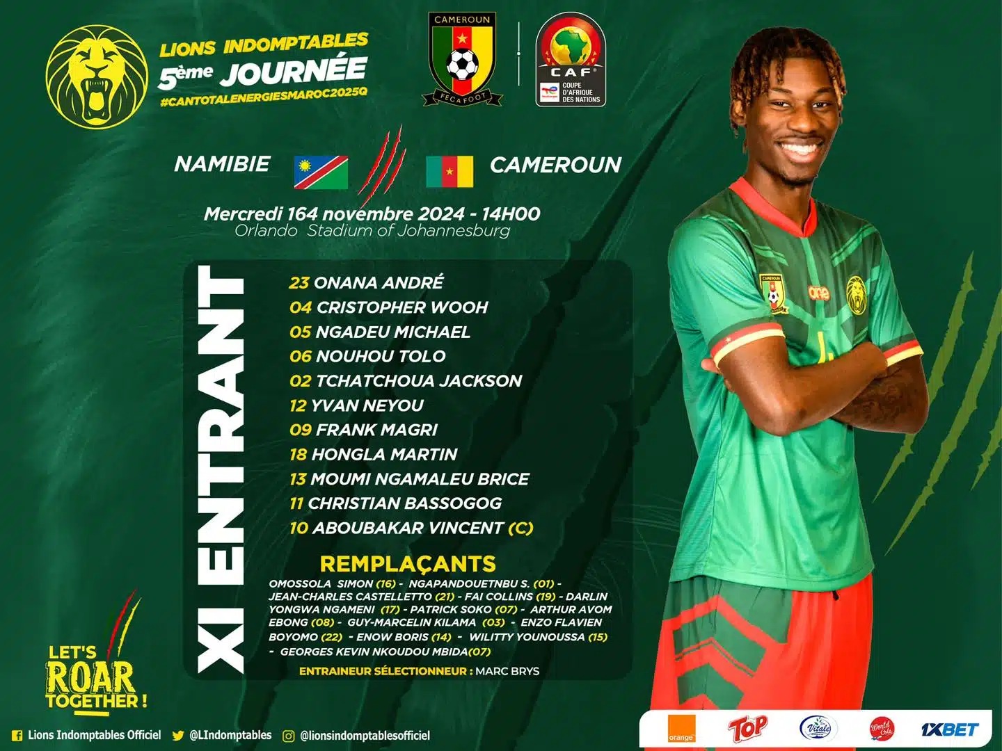 AFCON 2025 (Q) : The official line-ups for Namibia - Cameroon!