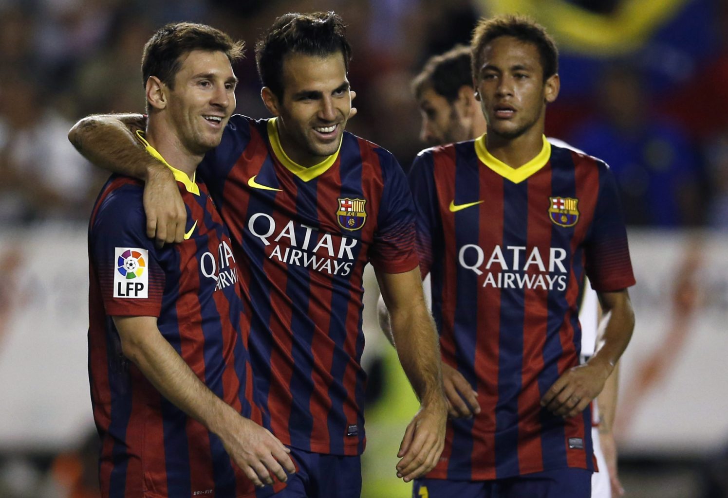 lionel messi fabregas and neymar celebrating barcelona goal vs rayo vallecano