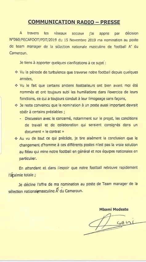 Cameroun : Modeste Mbami décline le poste de Team Manager des Lions Indomptables