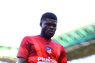 thomas partey of atletico de madrid looks on prior to during the uefa picture id1266150806