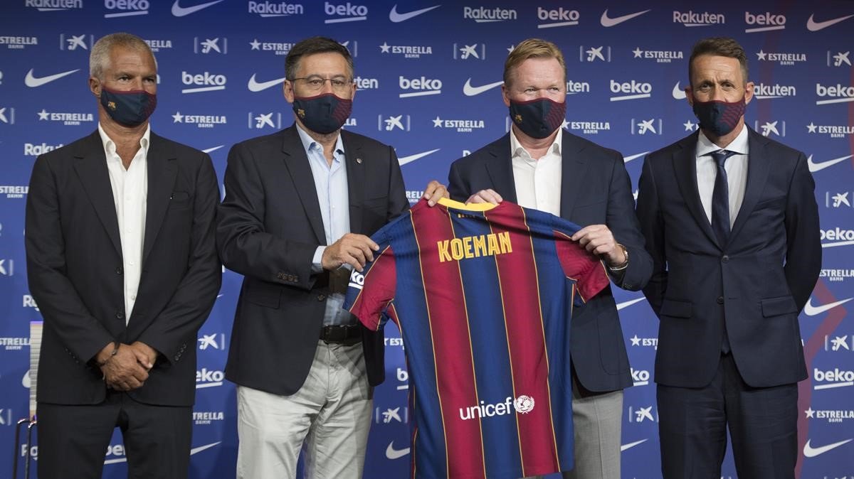 holandes ronald koeman foto junto presidente bartomeu directivo javier bordas nuevo director deportivo ramon planes 1597856920777