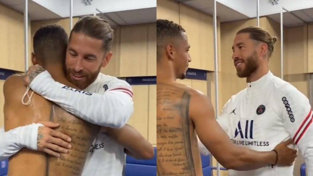 collage con capturas del video en el que thilo kehrer y sergio ramos se abrazan en el vestuario del psg twitter psg inside