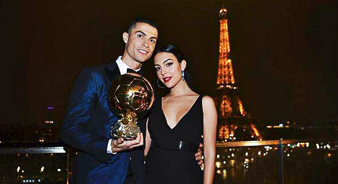 Cristiano Ronaldo and Georgina Rodriguez with the Ballon dOr trophy in Paris 1
