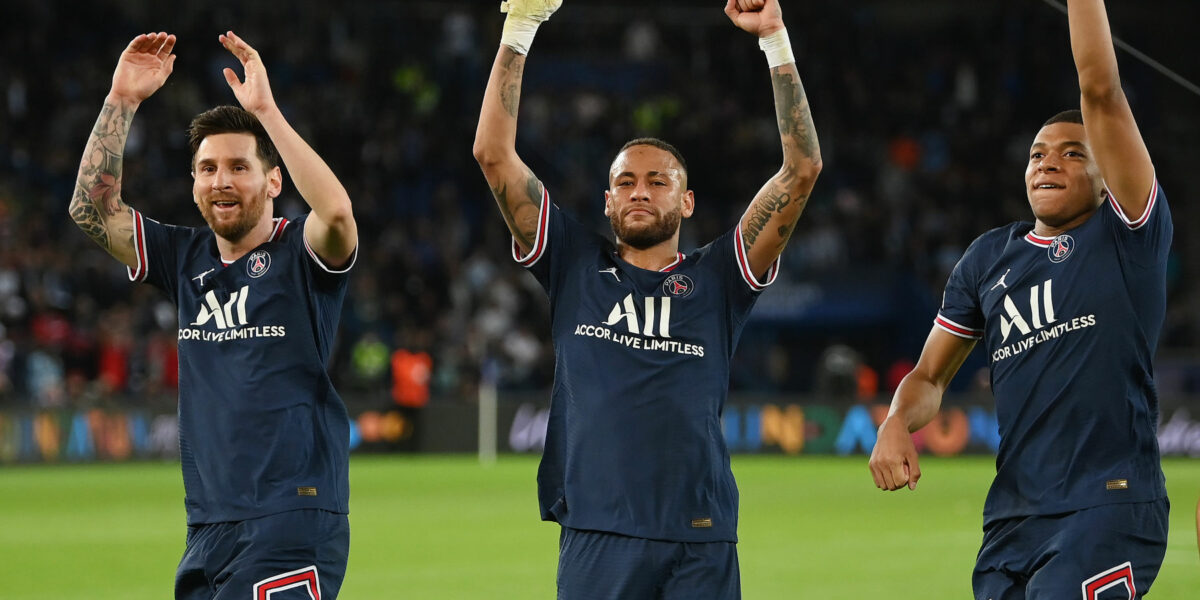 Lionel Messi Neymar Kylian Mbappe celebration PSG vs Manchester City Champions League 2021