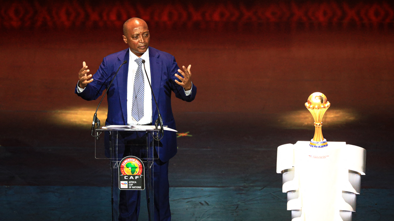 Patrice Motsepe CAF President delivers his introductory speech during the draw ceremony for the 2022 African Cup of Nations Photo Daniel Beloumou Olomo AFP