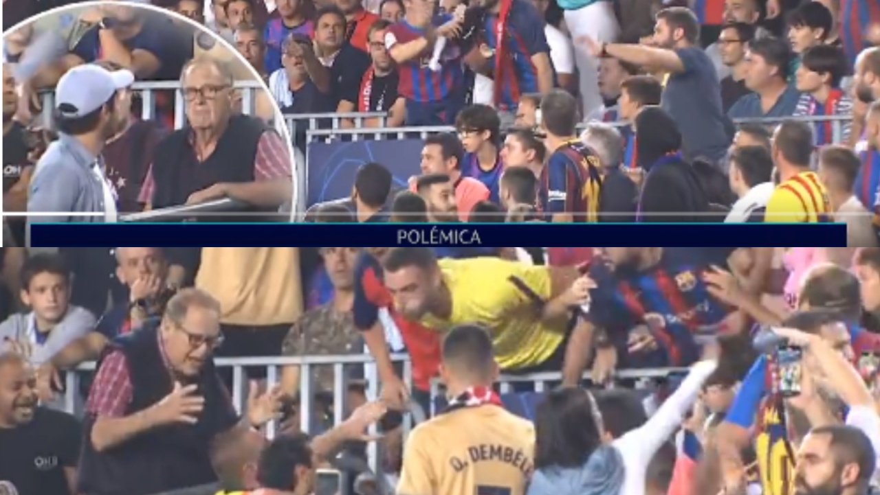 momento en el que unos aficionados del barcelona escupen y agreden a un seguidor del bayern en el camp nou twitter movistarfutbol