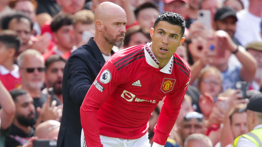 Manchester United manager Erik ten Hag sends on substitute Cristiano Ronaldo during the Premier League match at Old Trafford Manchester Picture date Sunday August 7 2022 1461809