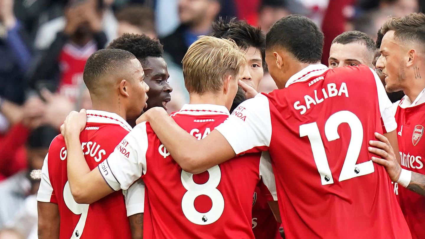 Arsenal s Bukayo Saka second left celebrates with team mates after scoring their side s second goal of the game during the Premier League match at the Emirates Stadium London 1497430