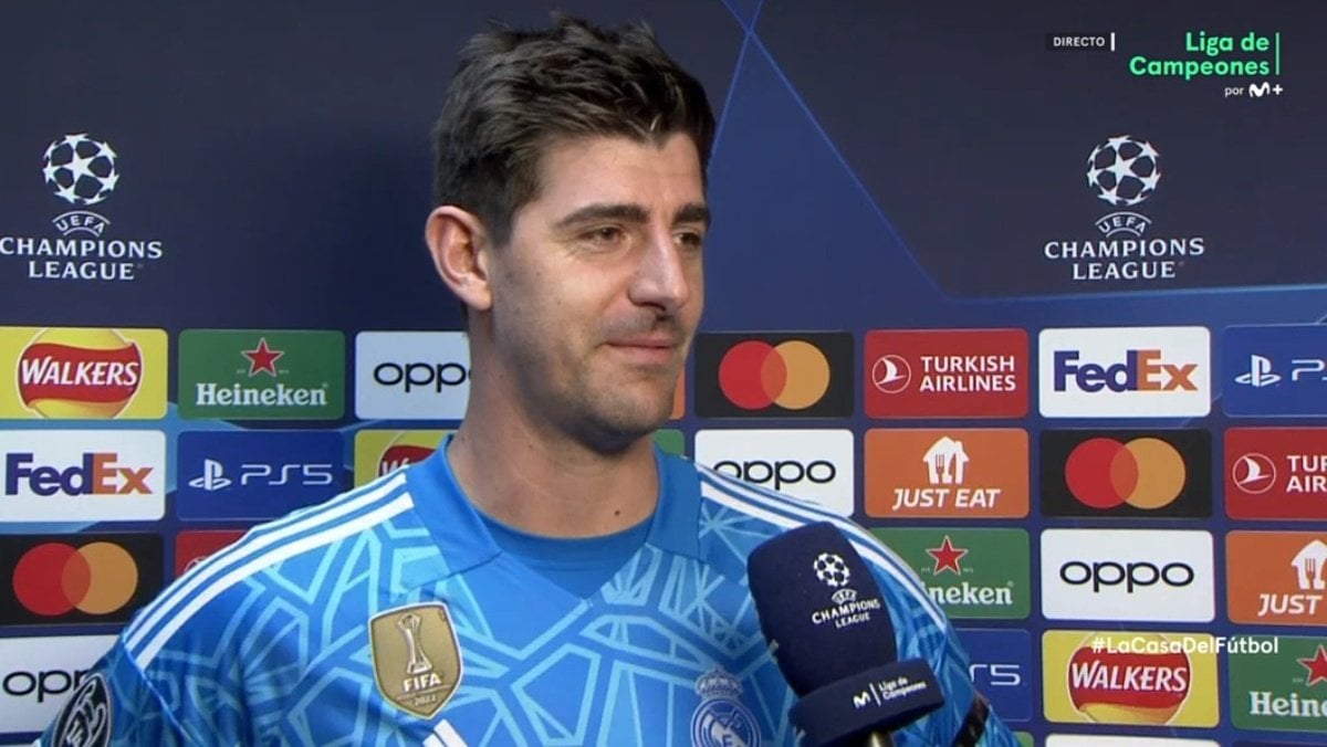 imagen de thibaut courtois en declaraciones post partido tras el triunfo ante el liverpool por 2 5 ida de los octavos de final de la champions league captura movistarligadecampeones