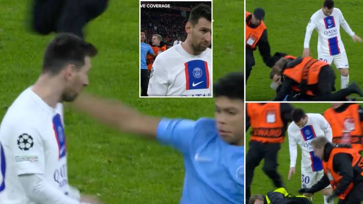 L’envahisseur de terrain nettoie presque Lionel Messi après le PSG contre le Bayern Munich