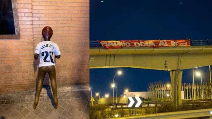 Une poupee avec le maillot de Vinicius pendu a un pont pres du centre d entrainement du Real Madrid avant le derby contre l Atletico de Madrid 1641786