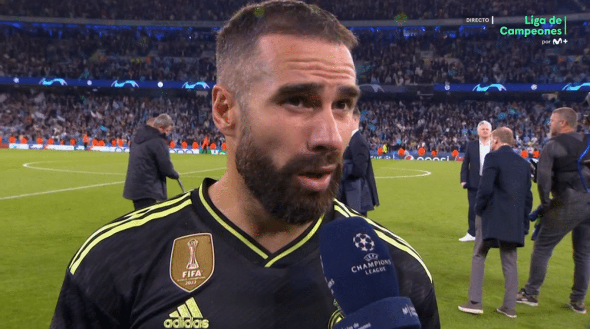 carvajal jugador del real madrid atendiendo a la prensa tras perder en el partido de vuelta de semifinales de la champions 2022 23 contra el manchester city captura movistarligadecampeones