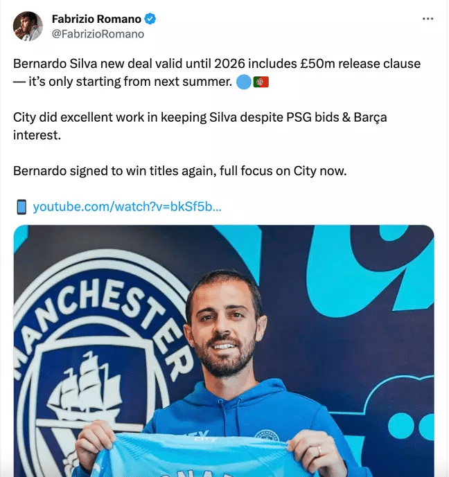 Fabrizio Romano confirme la clause libératoire de Bernardo Silva, les fans de Man City n'en reviennent pas 3 Le nouveau contrat de Bernardo Silva à Manchester City comprend une faible libération qui a laissé les fans stupéfaits.