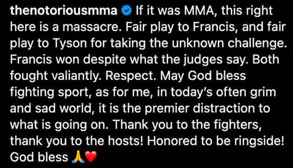 Après le duel Francis Ngannou et Tyson Fury, Conor McGregor appelle au respect