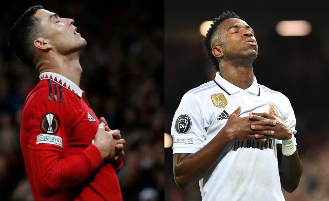 cristiano ronaldo y vinicius haciendo la misma celebracion con el manchester united y con el real madrid respectivamente efe