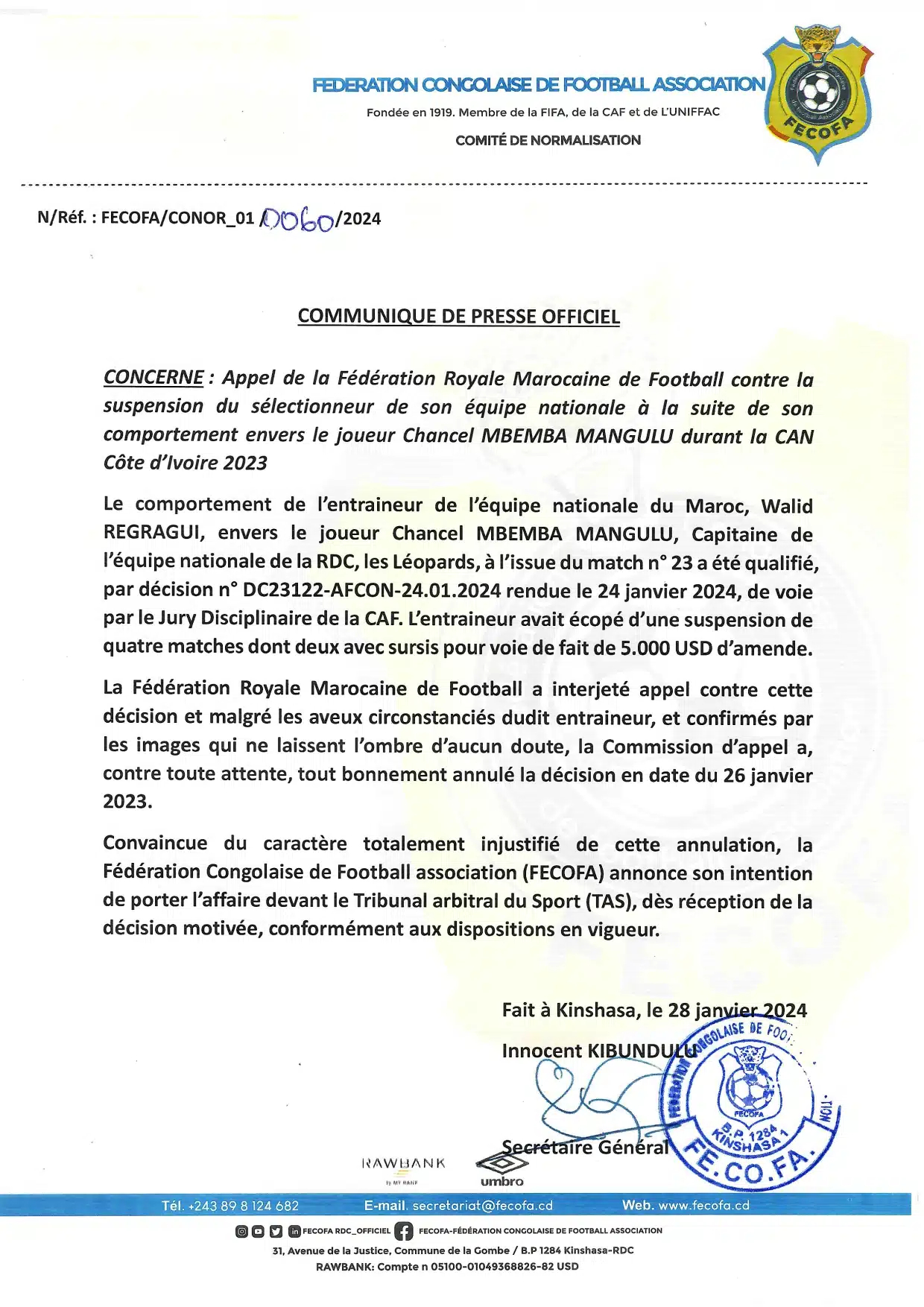 Affaire Regragui : La RDC explore le recours au TAS contre le Maroc