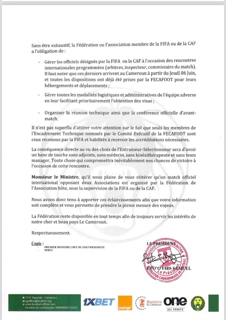 La lettre de Samuel Eto’o qui enflamme : « seuls les membres de l’encadrement nommés par la Fécafoot… »