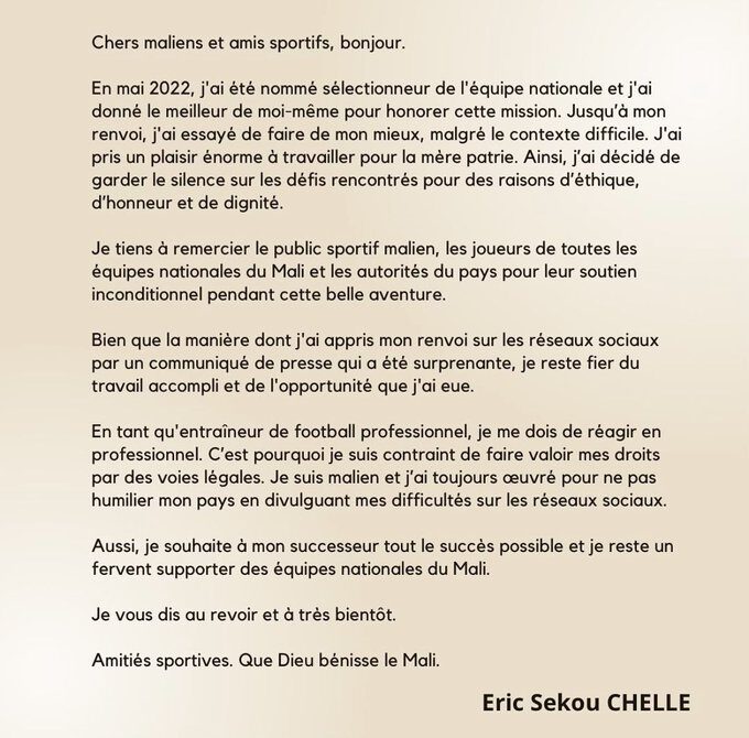 Mali : Eric Chelle s'oppose à son licenciement !