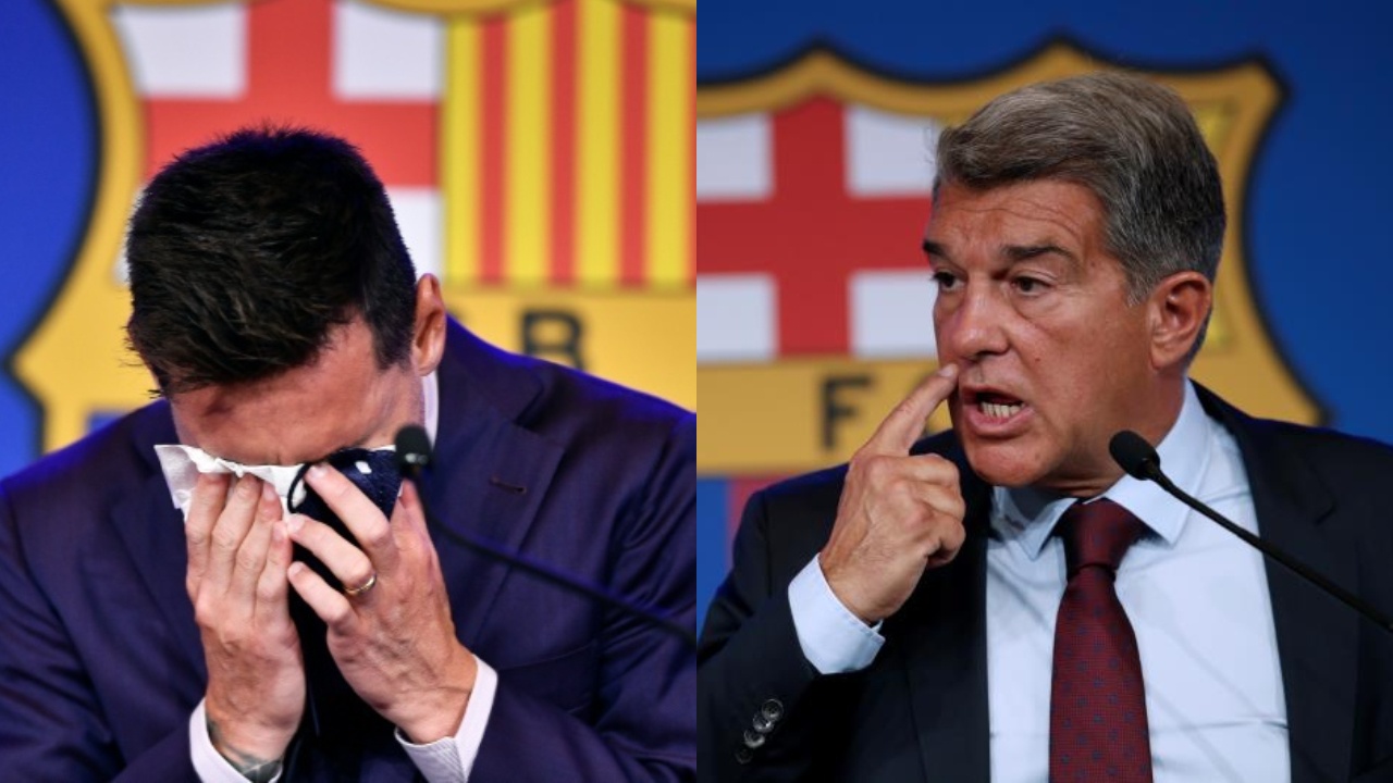 composicion entre lionel messi y joan laporta en una rueda de prensa en el fc barcelona afp