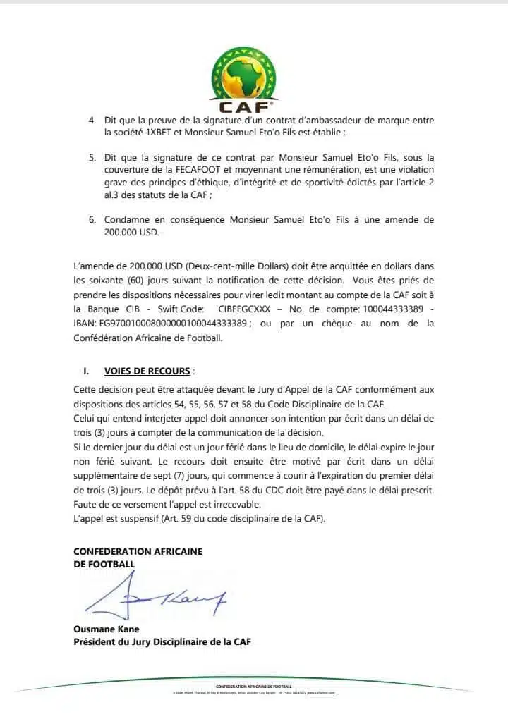 Samuel Eto’o prend très cher, l'intégralité de sa condamnation dévoilée 3 L'intégralité de la condamnation de Samuel Eto’o dévoilée
