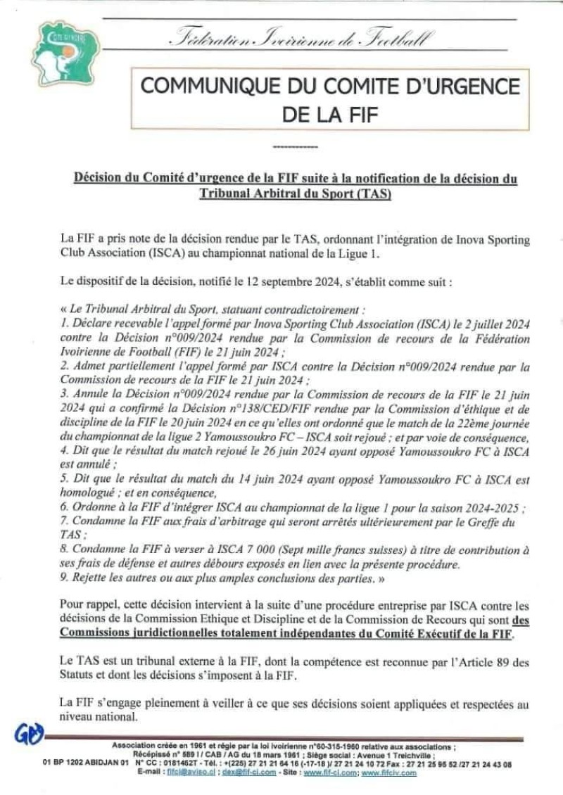 Côte d'Ivoire : La FIF attaquée officiellement au TAS, ça chauffe ! 2 Communique de la FIF