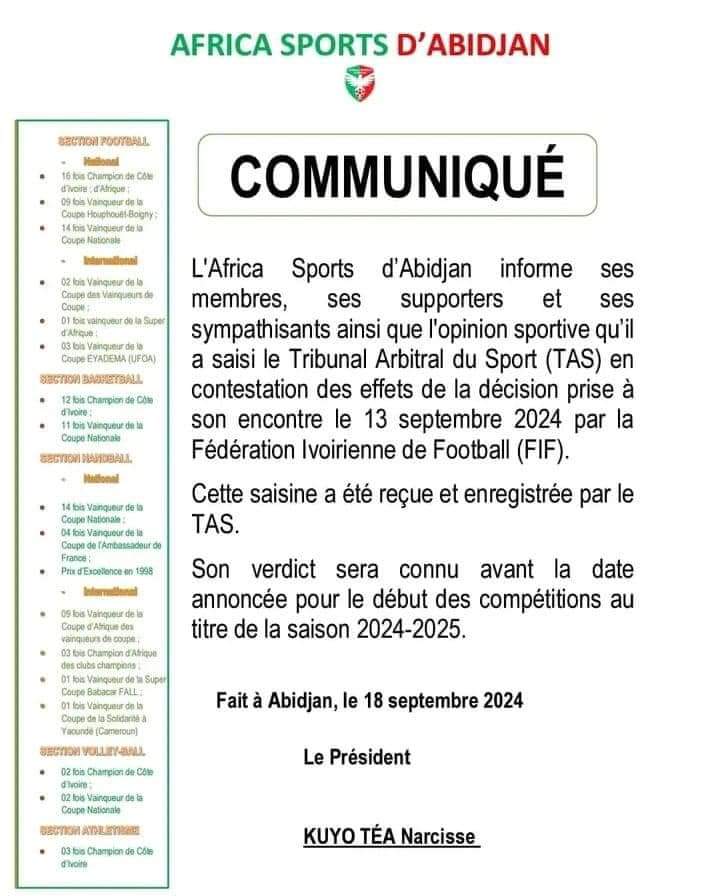 Côte d'Ivoire : La FIF attaquée officiellement au TAS, ça chauffe ! 4 Communique du club