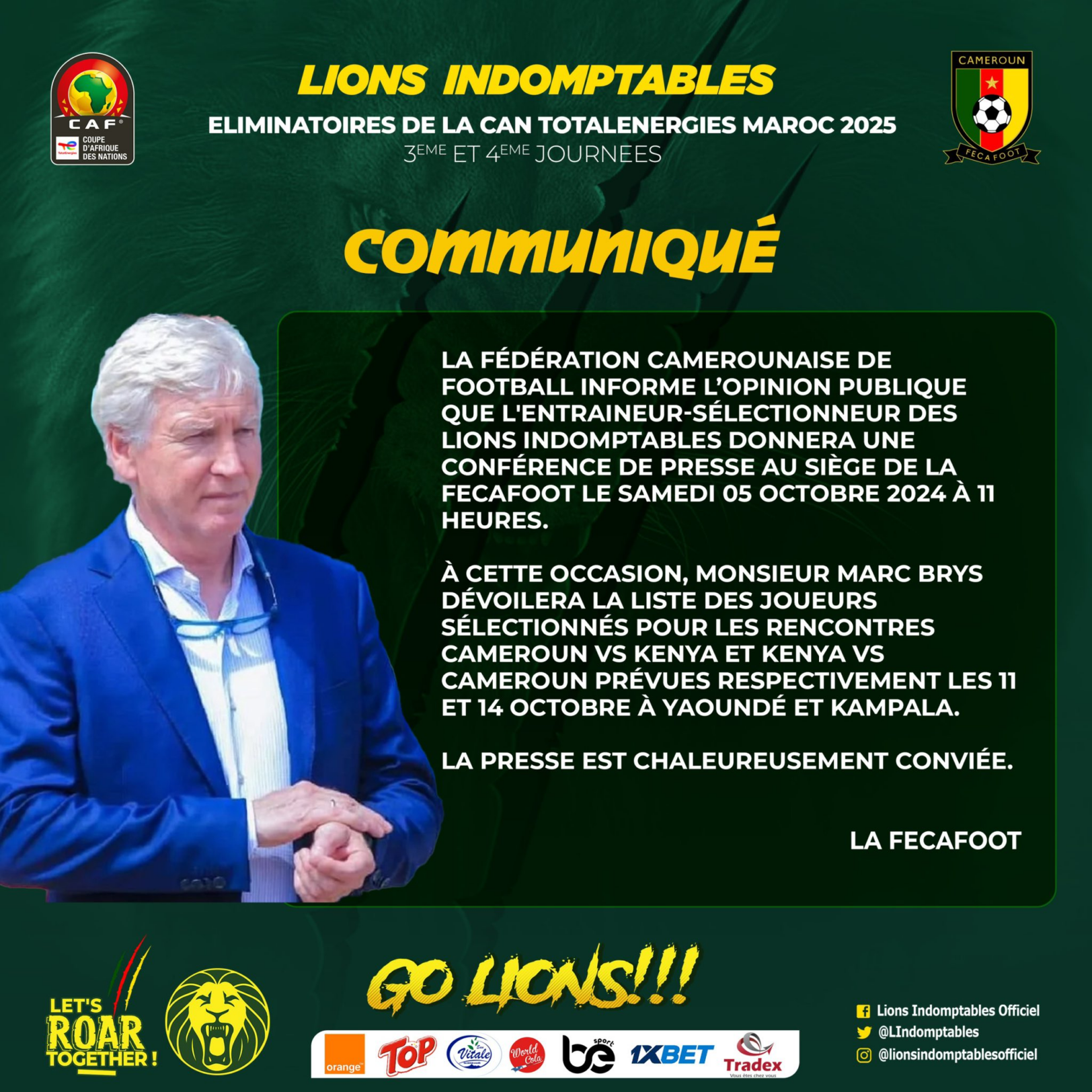 Marc Brys dévoile la liste des Lions Indomptables ce samedi pour Cameroun-Kenya 2 Marc Brys dévoile la liste des Lions Indomptables ce samedi pour Cameroun-Kenya