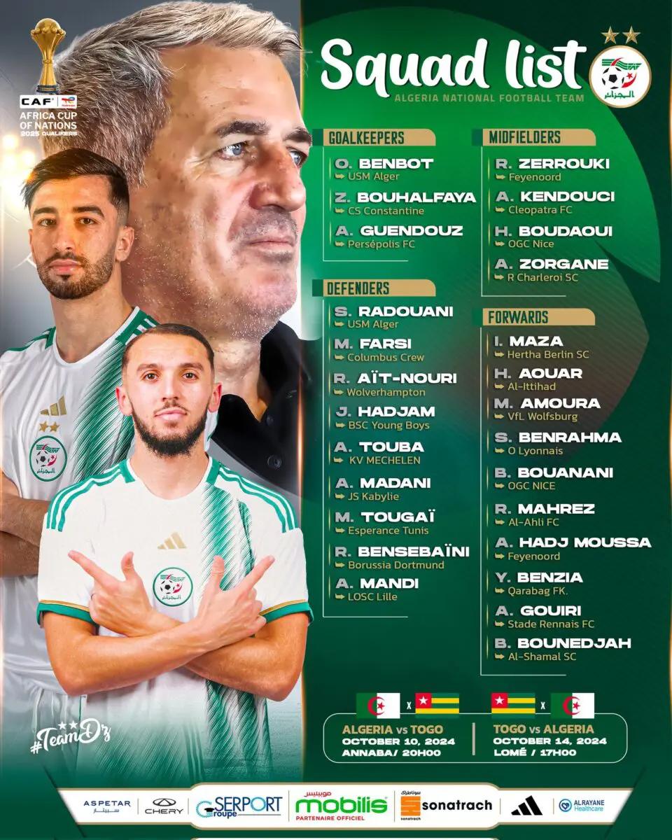Algérie : surprise dans la liste pour le Togo, Maza et deux nouveaux joueurs appelés !