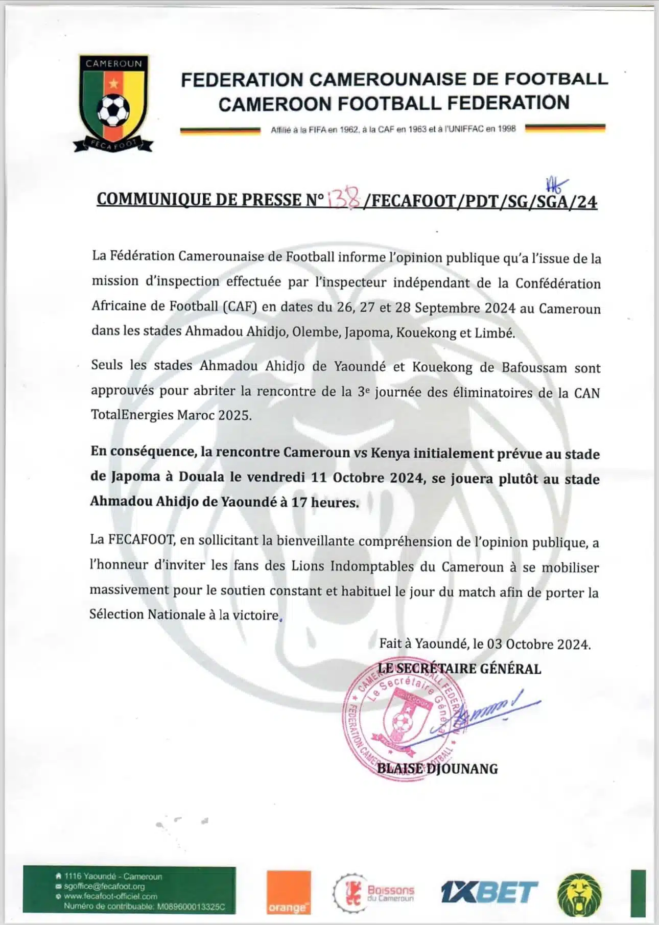 Cameroun-Kenya : Le verdict tombe pour le stade !