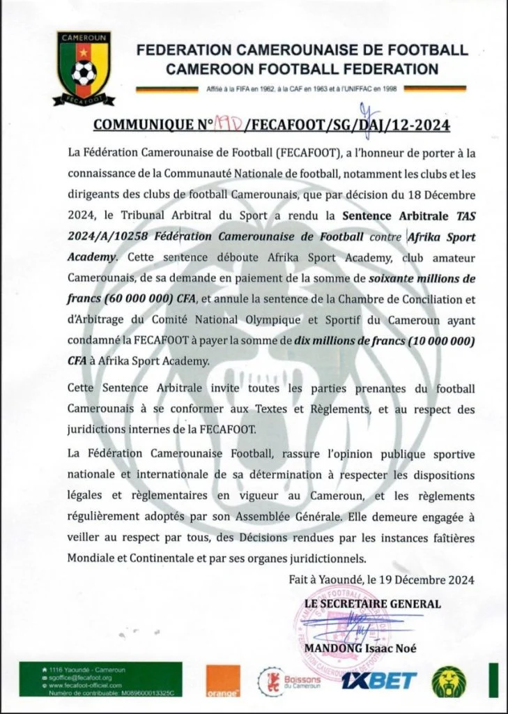 Bonne nouvelle, la Fecafoot remporte une grosse bataille ! 2 Bonne nouvelle, la Fecafoot remporte une grosse bataille !