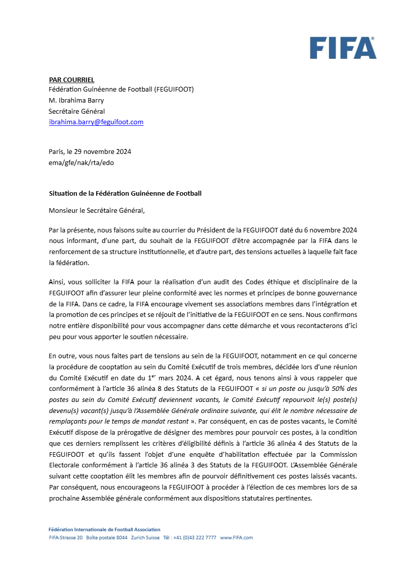 Les révélations troublantes entre la FEGUIFOOT et la FIFA 2 Le président de la FEGUIFOOT balance des révélations troublantes sur la FIFA